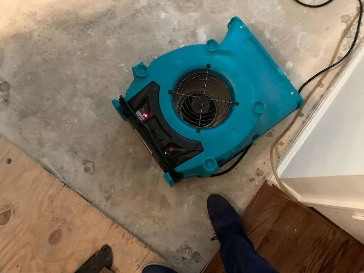 Air mover drying subfloor during Commercial Water Damage Restoration in Ira